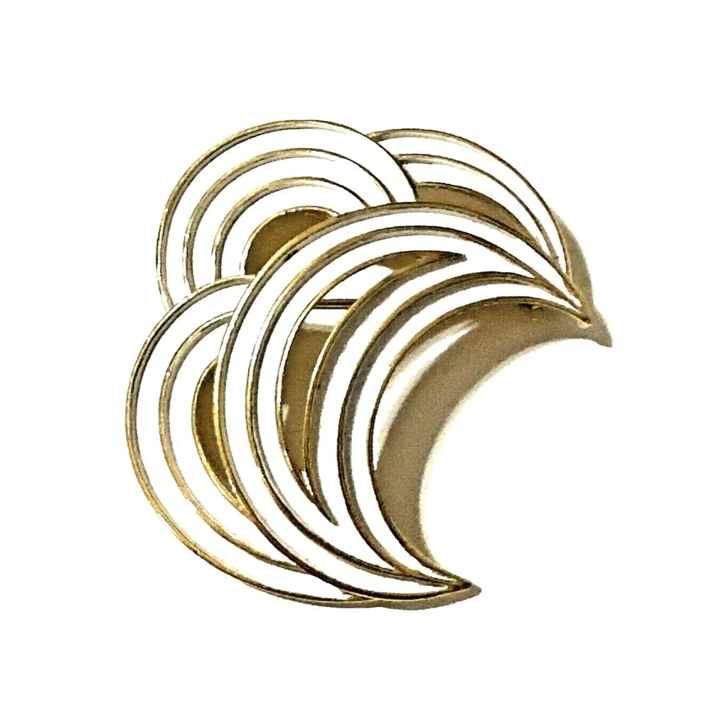 Vintage CROWN TRIFARI White Enamel Wave Brooch Crescent MCM Pin 2.25